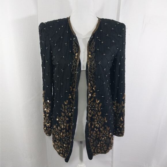 MARK & JOHN! 100% SILK! LUXE BLACK & GOLD ORNATELY BEADED/SEQUINNED JACKET! SZ S - Picture 3 of 13